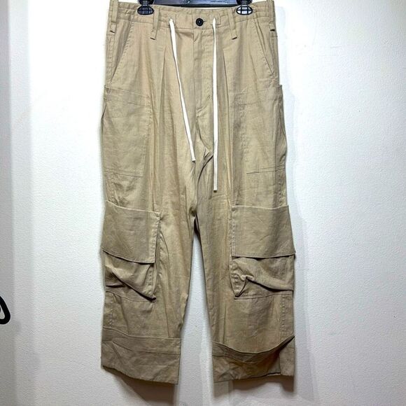 (J) Zara Women Linen Blend Cargo Pants Beige, Straight Leg, Wide Cuffs at Ankle - Picture 7 of 13